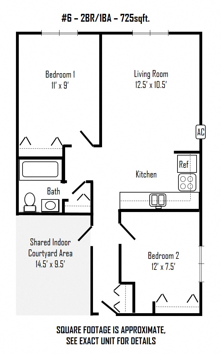Floor plan for 2 beds, 1 bath, 725 sqft